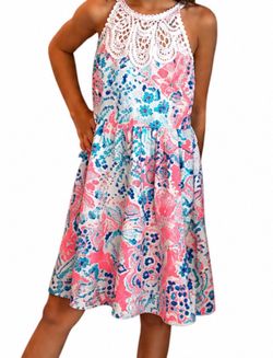 Lilly Pulitzer Pink and Teal Floral Halter Dress with Crochet Yoke