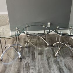 🔥SALE Modern 3pc Set Coffee Table & 2 End Tables Glass & Metal 