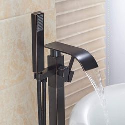 Bathroom Tub Filler Faucet Floor Mounted Bathtub Shower Faucet Waterfall Spout Free Standing Tub Mixer Tap with Handheld Sprayer