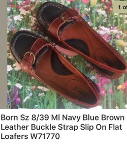 BORN Sz 8/39 M Navy Blue Brown Leather Buckle Strap Slip On Flat Loafers W71770