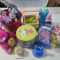 New & Vintage Easter Lot Baskets Bunny Stuffed Animal Confetti Packs Drink Cup Hanging Bunnies Chick