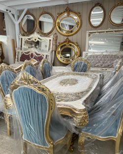 Beautiful Luxurious Dining Table Set With Hand Gold Carving