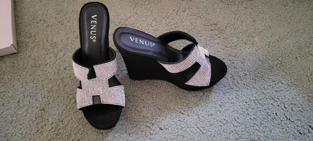 Brand New Rhinestone Strap Wedge Shoes Size 7