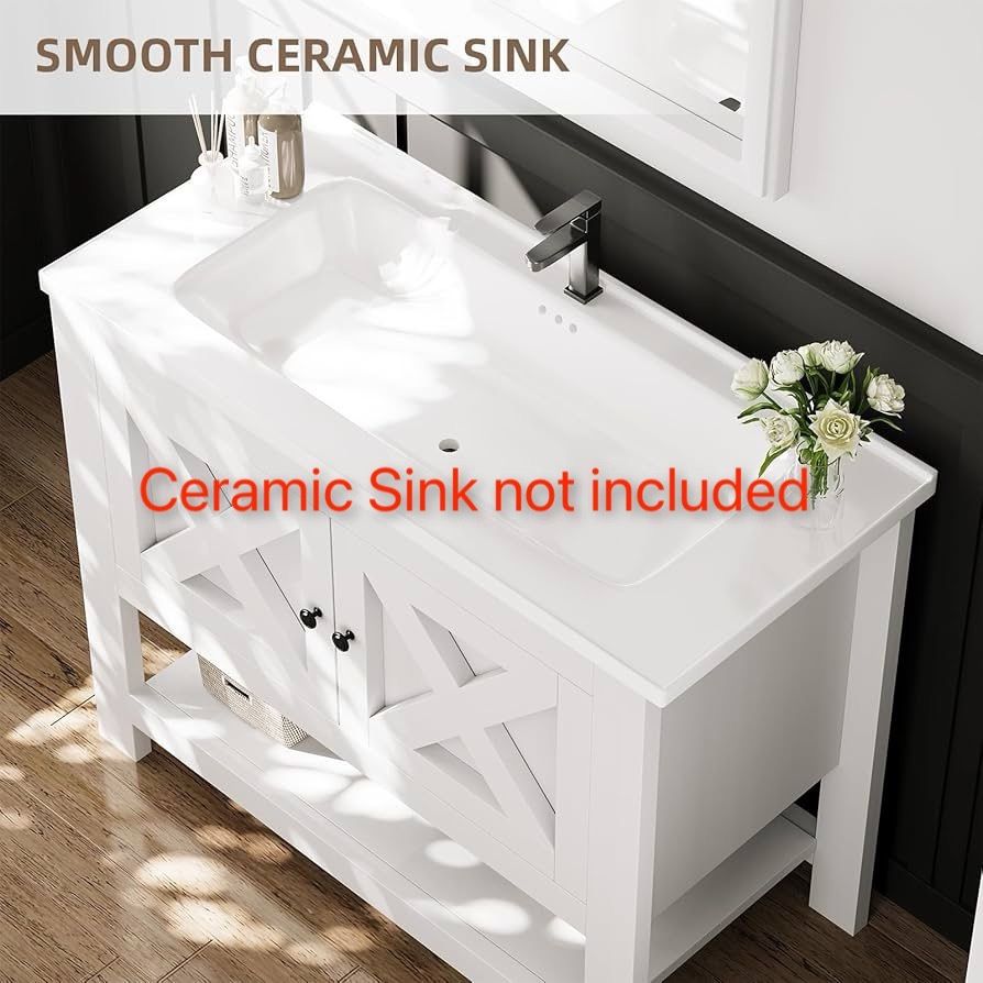 4ever2buy 36 Inch Bathroom Vanity with Sink, Farmhouse Bathroom Vanity Cabinet, 2 Doors and Open Shelf, Freestanding Vanity, Bathroom Cabinet