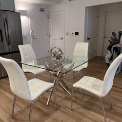 Modern Glass Table+ White Leather Chairs Set