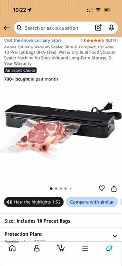 Anova Culinary Vacuum Sealer, Slim & Compact, Includes 10 Pre-Cut Bags (BPA-Free), Wet & Dry Dual Food Vacuum Sealer Machine for Sous Vide and Long-Te