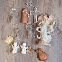 Mixed Lot Of 9 Mixed Items, Glass, Porcelain, Angel Figurines, Cross