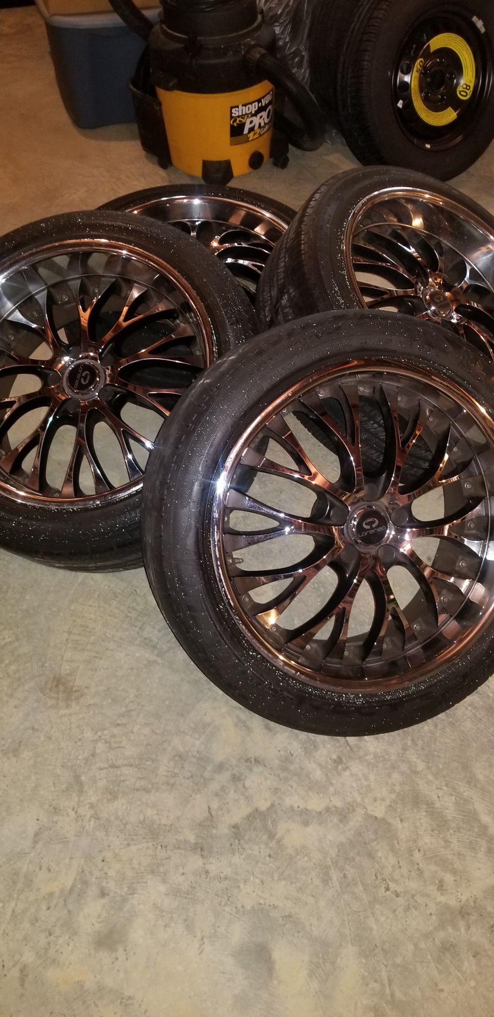 20 inch lorenzo chrome offset rims with tires 20×8 front tires 20×10 rear tires