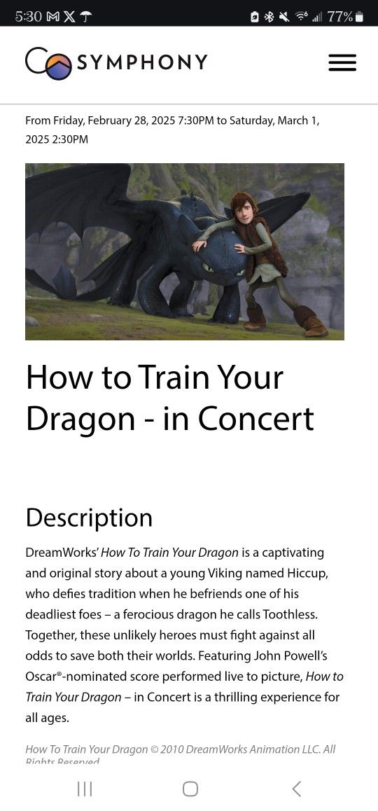 3/1-How To Train Your Dragon Concert Ticket - Denver
