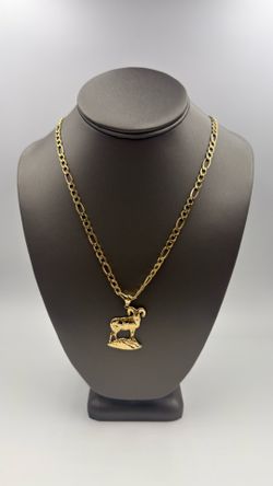 14KT YELLOW GOLD 26” FIAGRO LINK CHAIN 10.7GR W/ 10KT YELLOW GOLD RAM CHARM 4.0GR