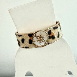 GUESS Gold-Tone Wide Hinge Bangle Faux Pony Hair Bracelet with Logo