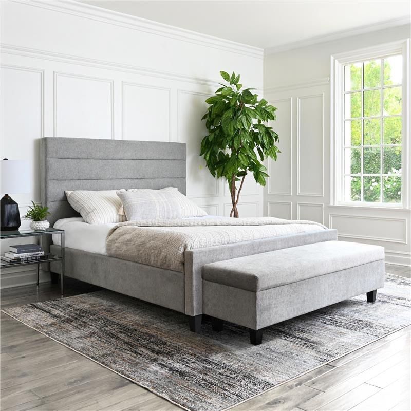 NEW Upholstered Fabric King Bed Frame and Matching Bench - Gray - OBO