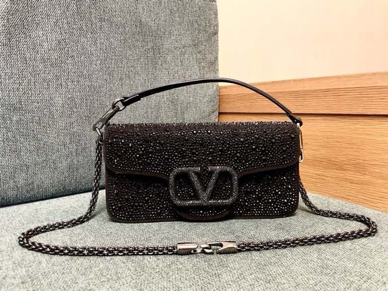 VALENTINO Garavani Loco VLOGO Small Leather Black Crystals Shoulder Bag