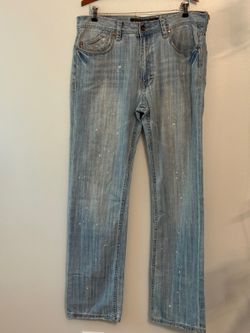 AKOO Brand Jeans Men 36 Light Wash Distressed Paint Splatter Y2K Hip Hop Denim