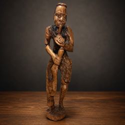 African Wood carved art Tribal 20” Man Smoking pipe healer