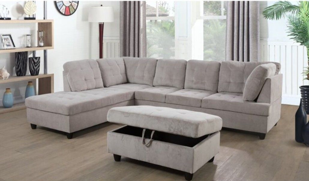 New Grey Sectional with Storage Ottoman