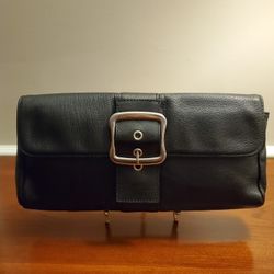 Black Leather, Satin Fuchsia Pink Inside Lining. Silver Buckle Clutch.