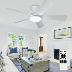 Depuley Modern Ceiling Fan with Light: 42-Inch White Small Fans for Bedroom Indoor Outdoor - Dimmable Low Profile Ceiling Fans with Remote Control Flu
