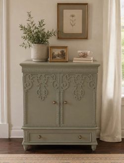 Antique Solid Wood Cabinet with Drawer – Sage Green