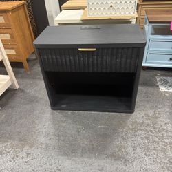 LEYAOYAO 31" Wide Fluted Nightstand with Charging Station, Oversized Extra Large 1 Drawer Night Stand with Golden Handle, Black Wood Bedside Table Tal