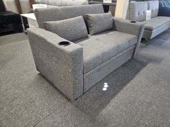 Brand new twin size gray line sofa bed with cup holders (Sofa: 59" x 34" x 33"H; Pull-out Bed: 59" x 70" x 26"H)