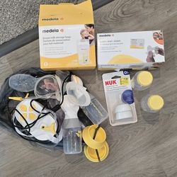 Medela Pump (Lightly Used), New Milk Storage Bags, New Pump Cleaning Wipes, And New Bottle top/ Nipples