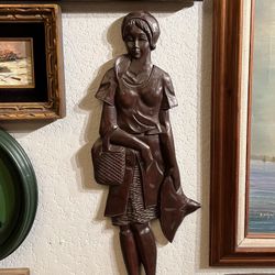 Vintage Wooden Sculpture Of Lady Holding Hat