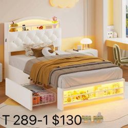 Twin Size Bed Frame with LED Lights & 4 Drawers, Princess Velvet Upholstered Platform Bed for Girls,(289-1)