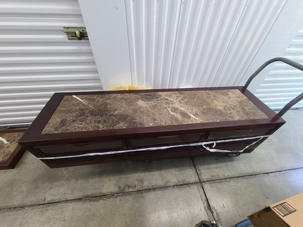Marble Top TV Stand With Rolling Speaker Stands