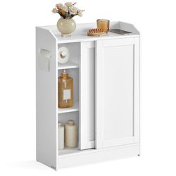 Slim Bathroom Storage Cabinet, Sliding Doors, Cloud White Adjustable Shelves,Toilet Paper Holder, Brush Compartment
