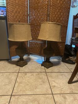 Pair of Vintage Farmhouse Bronze Urn Table Lamps with Burlap Shades-$50 CASH