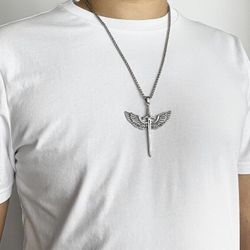 Mens Stainless Steel Pendant Necklace Angel Wings Sword Cross Pendant with 24 Inches Link Chain