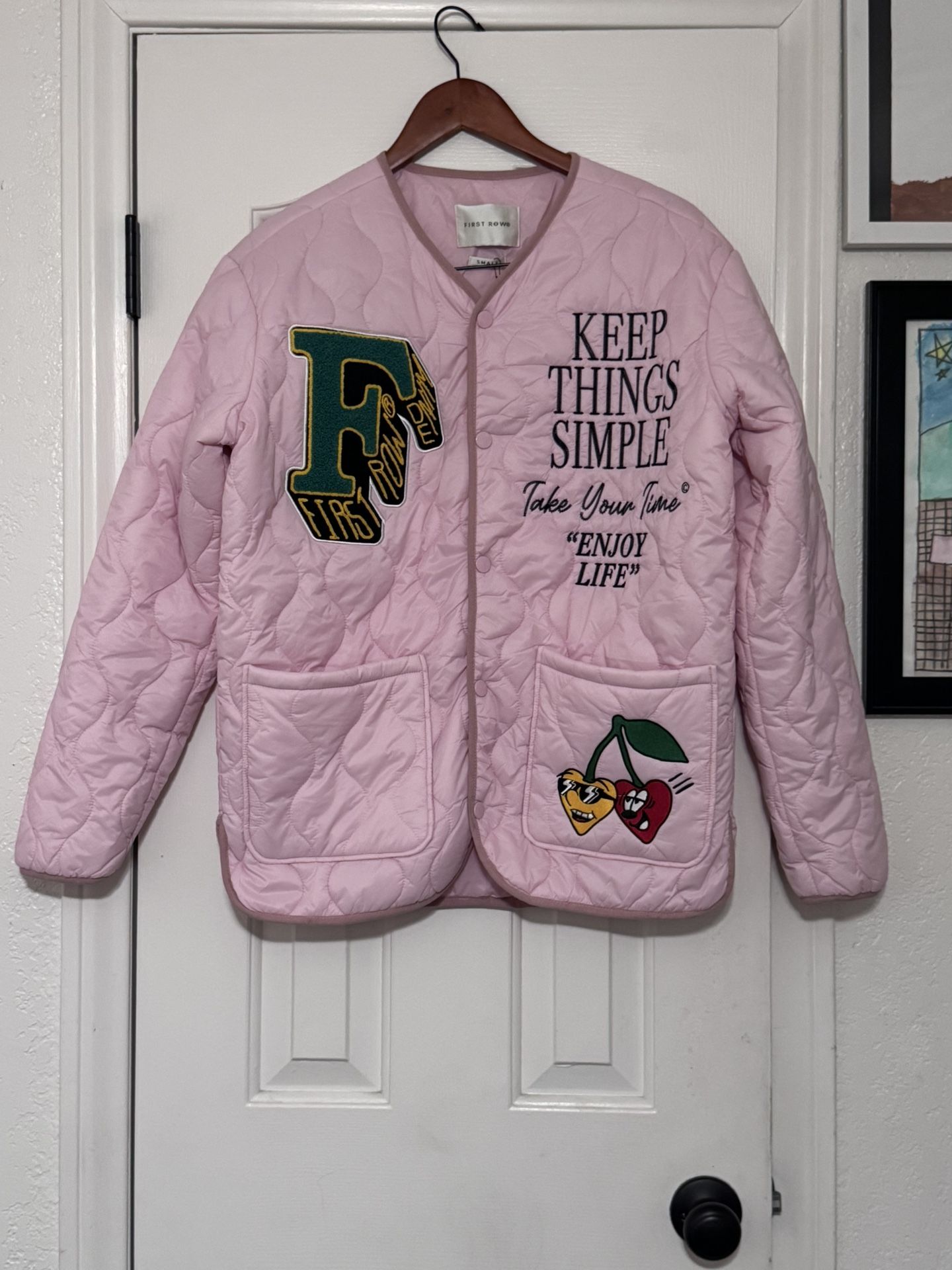 First Row,Puffy, Pink, Small jacket W/ Embroidered Logos