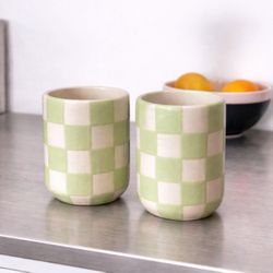 Handmade Hand-Painted Ceramic Cup – Lime Green & White Checkered
