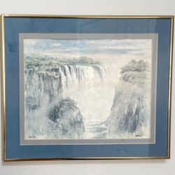 Vintage Framed Watercolor Painting Of African Victoria Falls Landscape Signed By Artist Crystal Wynn