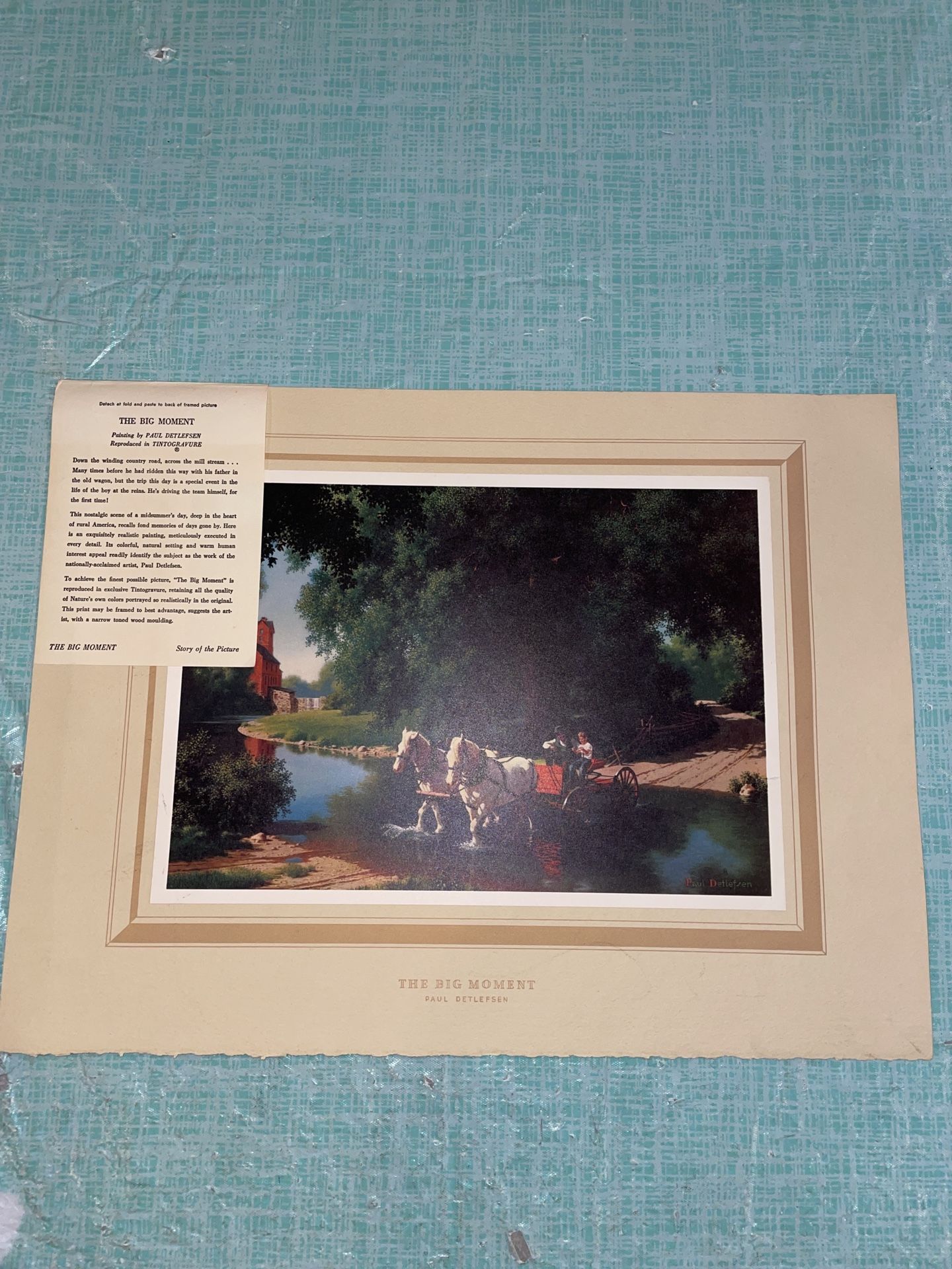 Vintage Paul Detlefsen print The Big Moment Horse Buggy Country father son 16x12