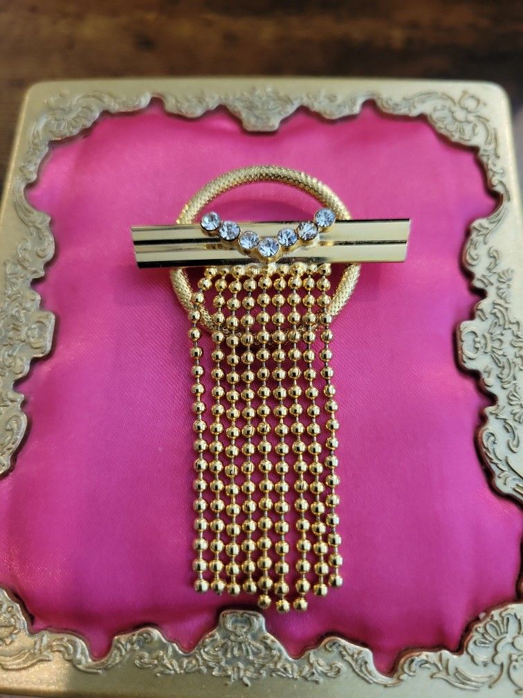 Vintage 1980s Style Goldtone Brooch/Pin Rhinestones, Gold Bead Tassel 3" f9