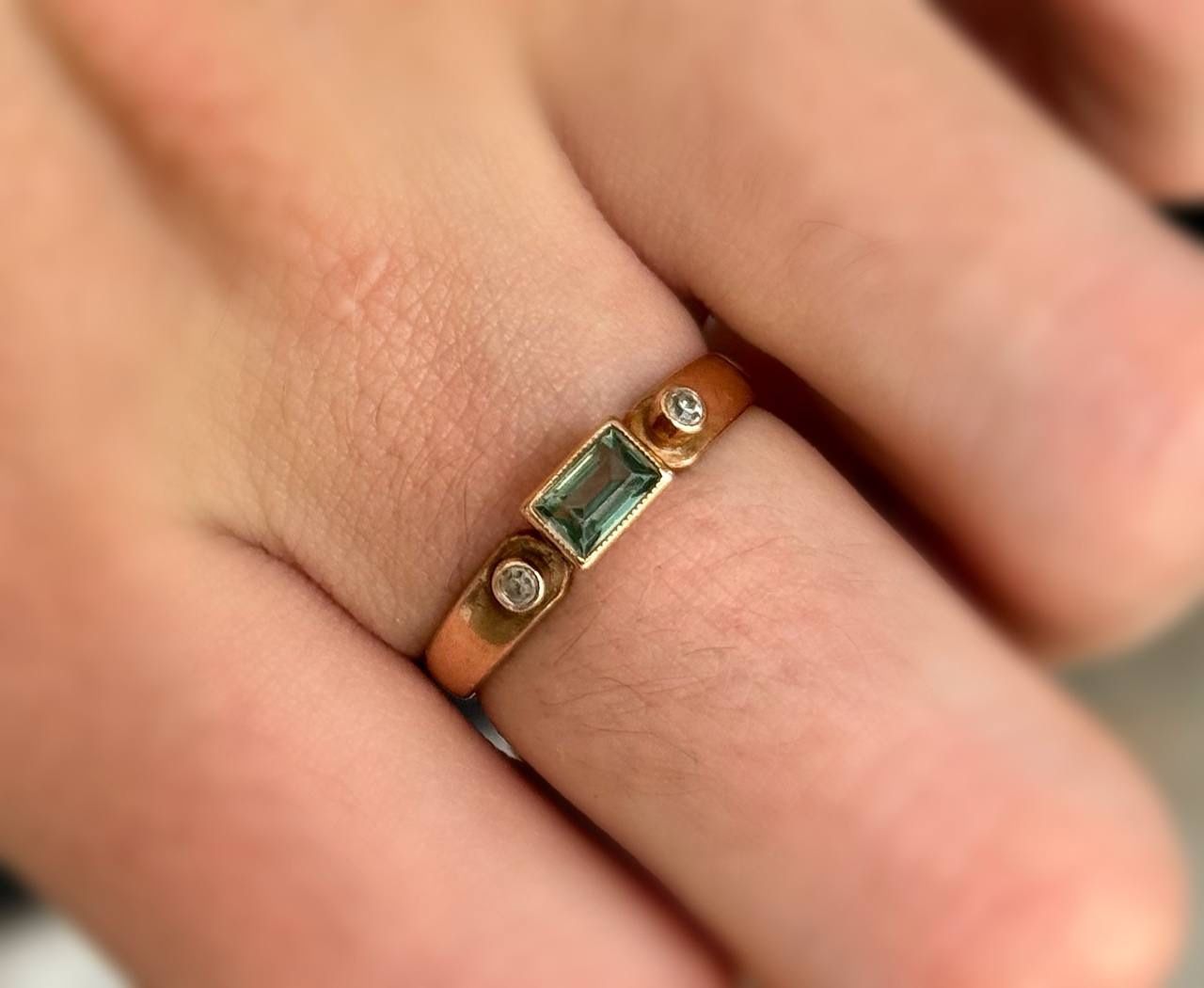 Vintage Jewelry 14k USSR solid rose gold tourmaline stone 0.20CT white stones 0.010CTW ring size 9.50