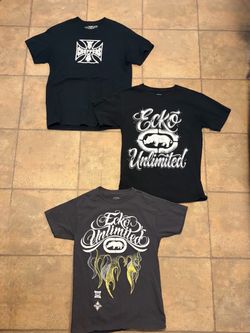 Grey Ecko Unltd shirt is a S but fits like a M West coast choppers a M Black Ecko Unltd is a M $60 for all obo