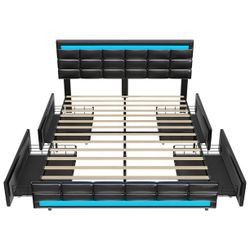 Queen LED Upholstered Bed Frame with Storage Drawers and Charging Station, Black