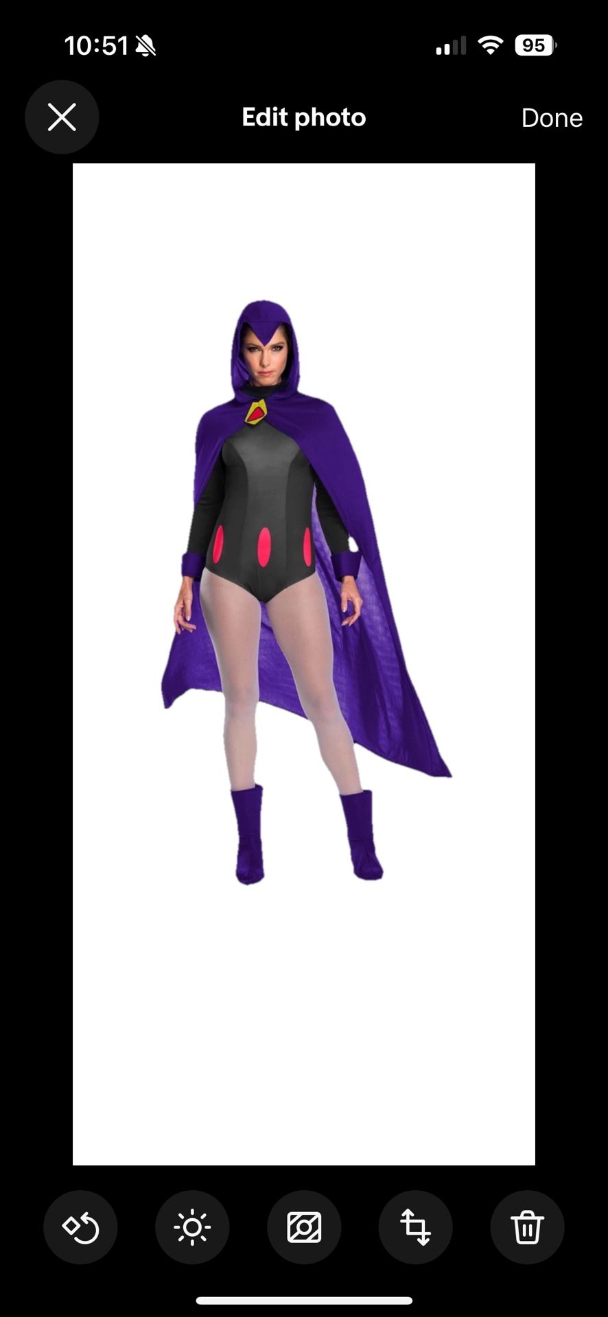 Teen Titans Raven Women's Halloween Costume Medium Adult, Dc Comics. Purple New, includes, leotard, hooded cape with attached brooch, boot tops