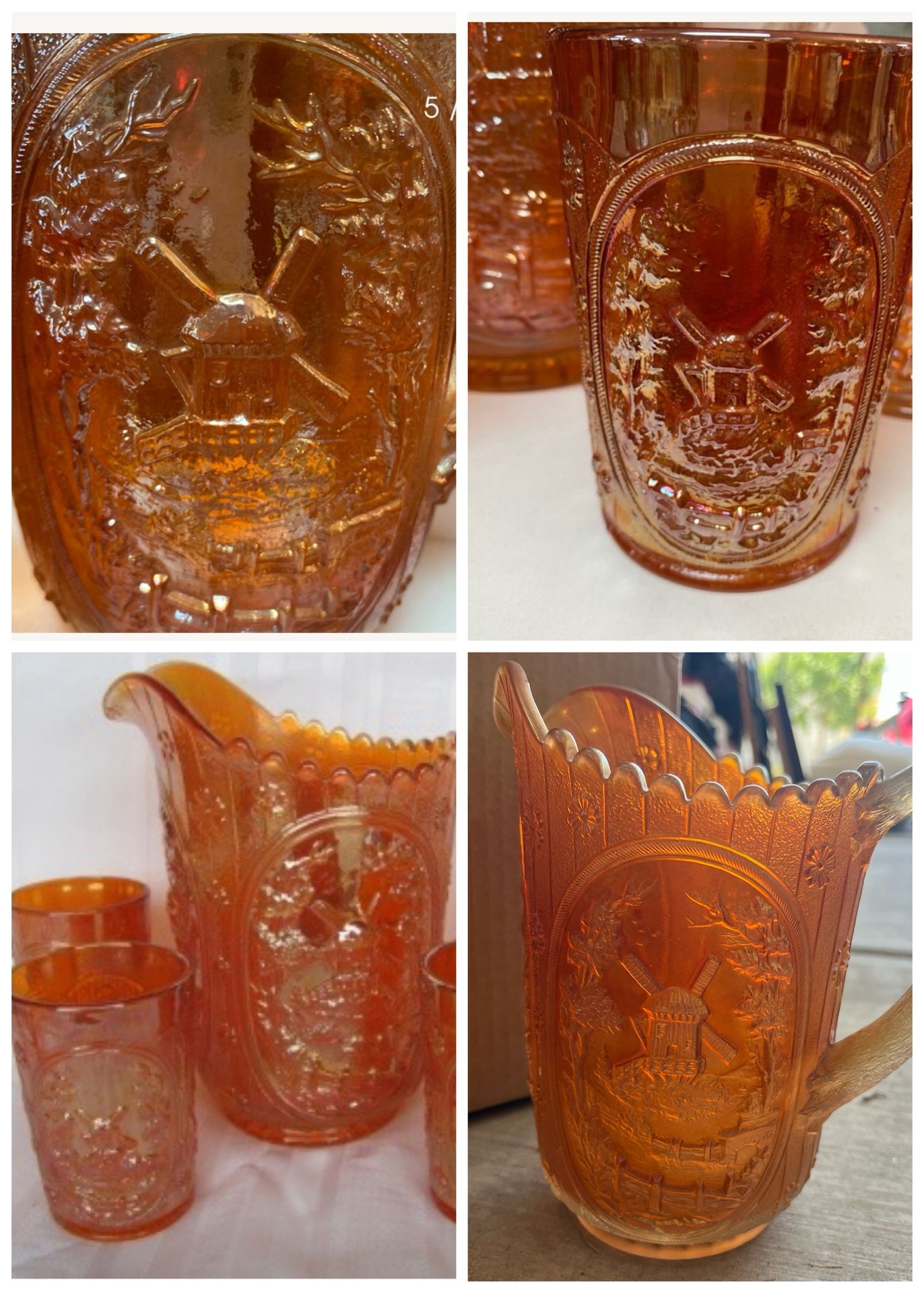Antique Imperial Carnival Glass Marigold Windmill Pitcher and 6 Glasses