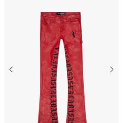 "SUPERIOR WORLD" RED LEATHER STACKED FLARE JEAN