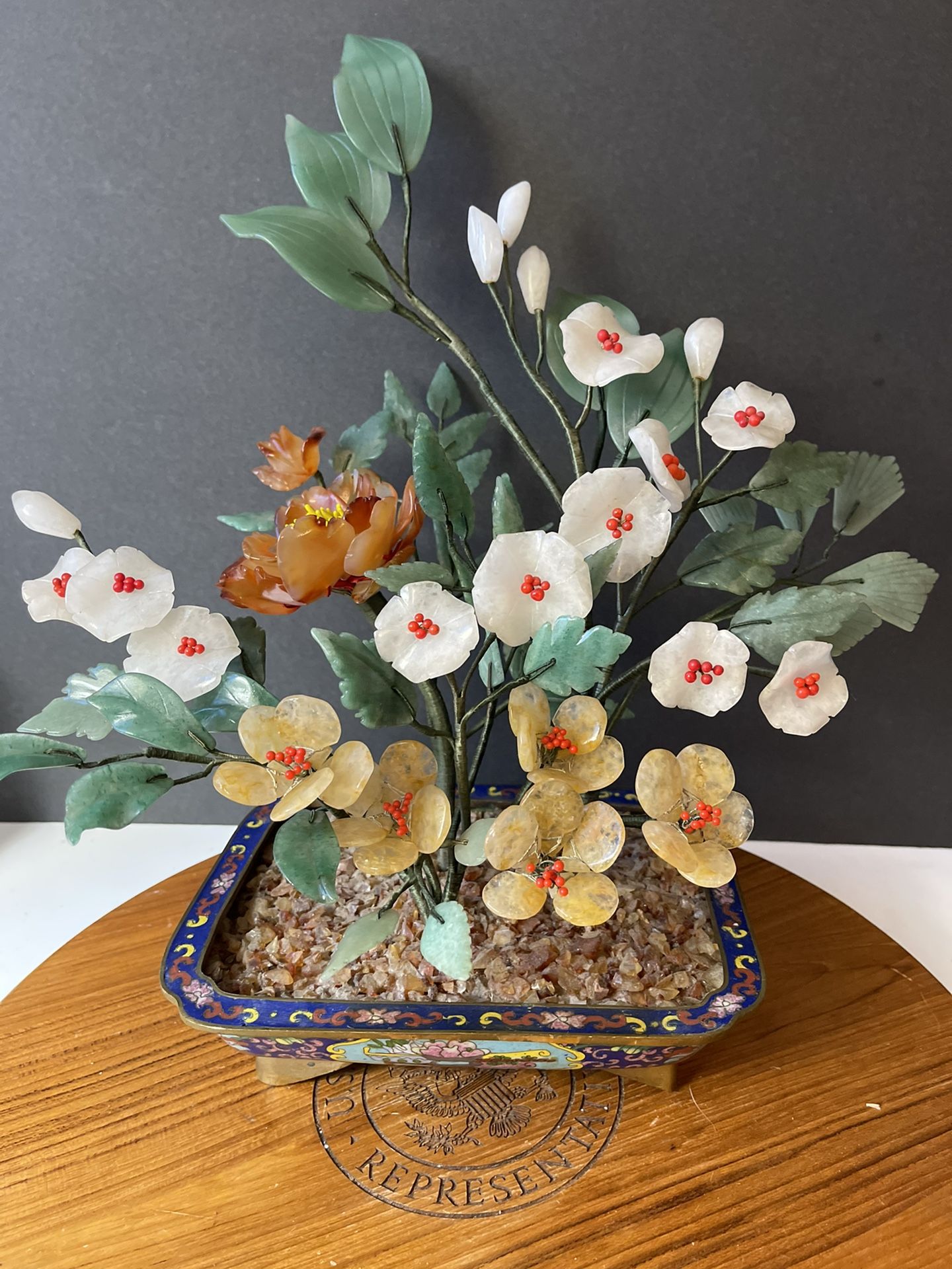 Chinese Antique Cloisonné With Jade Bonsai Tree