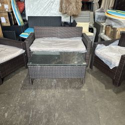 4 PCs Patio Furniture Set, Brown Outdoor Wicker Conversation Set Deep Seats Loveseat & Chairs