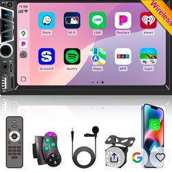 Wireless Apple Carplay 7 inch Double Din Car Stereo,IPS Touchscreen,Bluetooth 5.2,FM Car Radio,Bakcup Camera,Subwoofer Ports, Audio Receiver,Android A