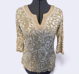 Charter Club Women's White and Tan Leaf Print Long Sleeve Shirt S/P