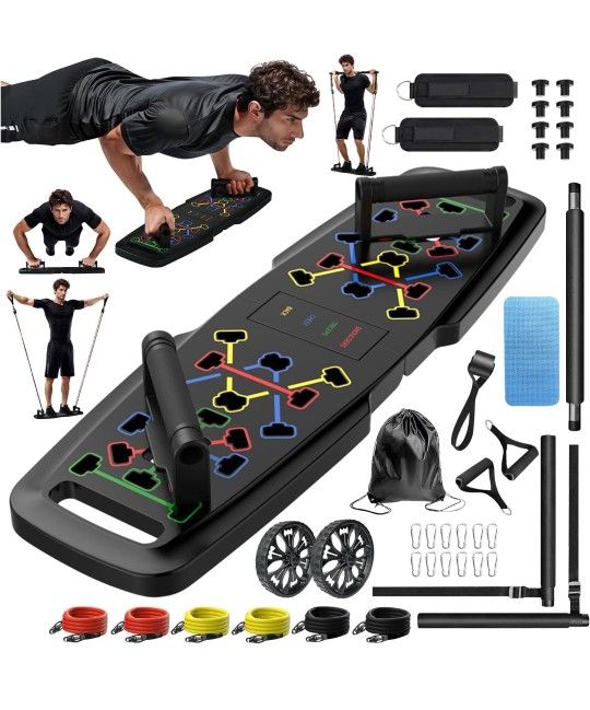 Push Up Board,Home Gym,Portable Exercise Equipment,Pilates Bar and 20 Fitness Accessories with Resistance Bands and Ab Roller Wheel,Full Body Workout
