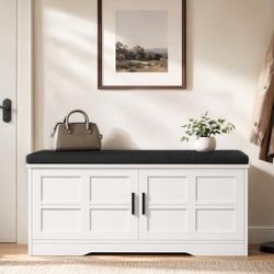Shoe Storage White Entryway Bench Cabinet Cushion Seat 12 Pairs