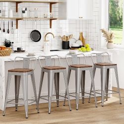 Bar Stools Set of 4 Counter Height Bar Stools Metal Barstools with Removable Back 24" Kitchen Bar Stools with Wooden Seat, Silver
